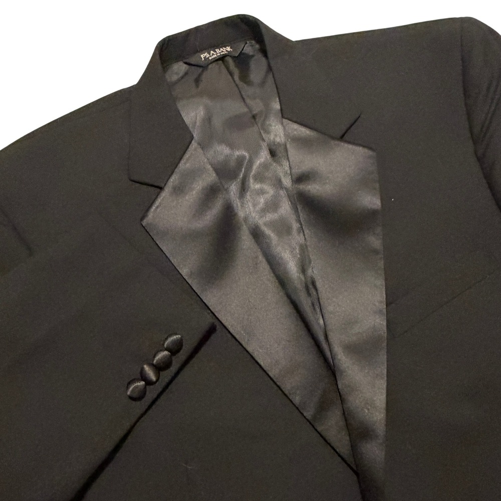 Jos A Bank Mens 46S Black 100% Wool Tuxedo Jacket Satin Peak Lapel Blazer